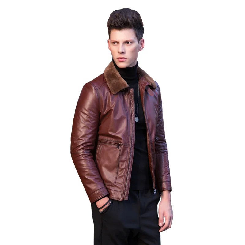 

Genuine Leather Jacket Winter Jacket Men Real Wool Fur Collar Cow Leather Jackets and Coats Bomber Jacket MC17D011 MY1722