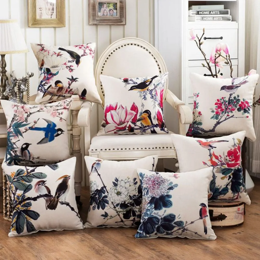 Chinese Classic Style Throw Pillows Red Floral Black Bird Vintage