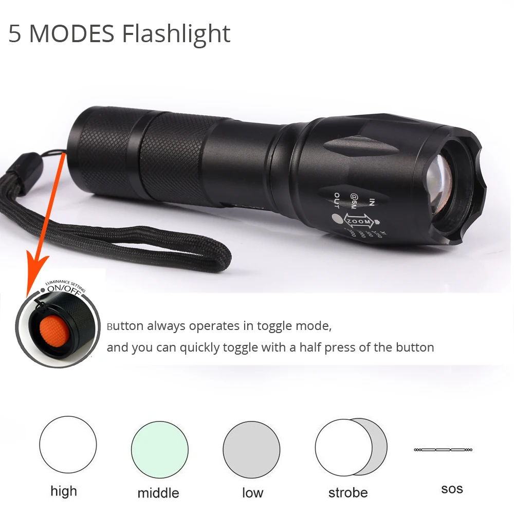 Ultrafire Портативный фонарик с зумом, XML-T6, 5 режимов, светодиодный фонарь, охотничий, водонепроницаемый, для кемпинга, тактический переключатель, фонарь