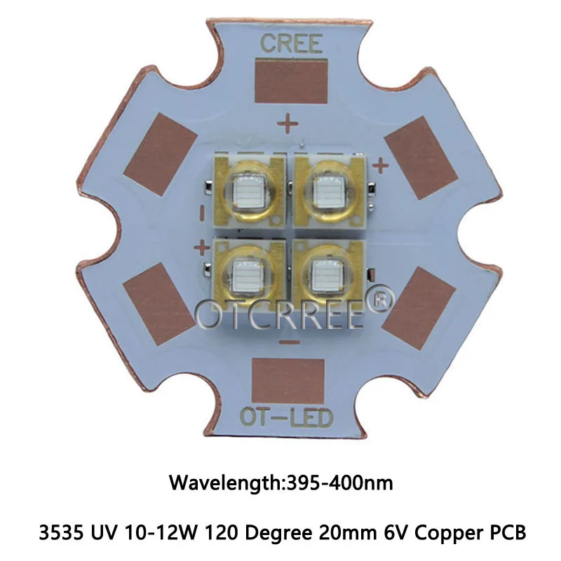 10 Вт-12 Вт Epiled 3535 ультрафиолетовый УФ 365нм 380нм 395нм 420нм 4 чипа Высокая мощность Светодиодная лампа 3 В/7 в/14 в светильник источник 20 мм Медь PCB