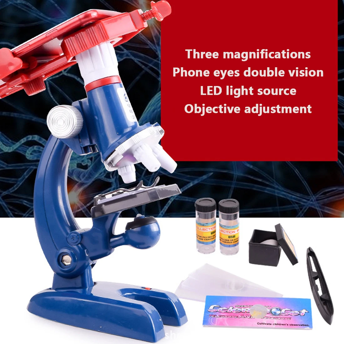 

Hot 1pc Biological Microscope 100X-1200X Home School Educational Toy Gift For Kids Microscope Kit Lab LED Beneficial microscopes