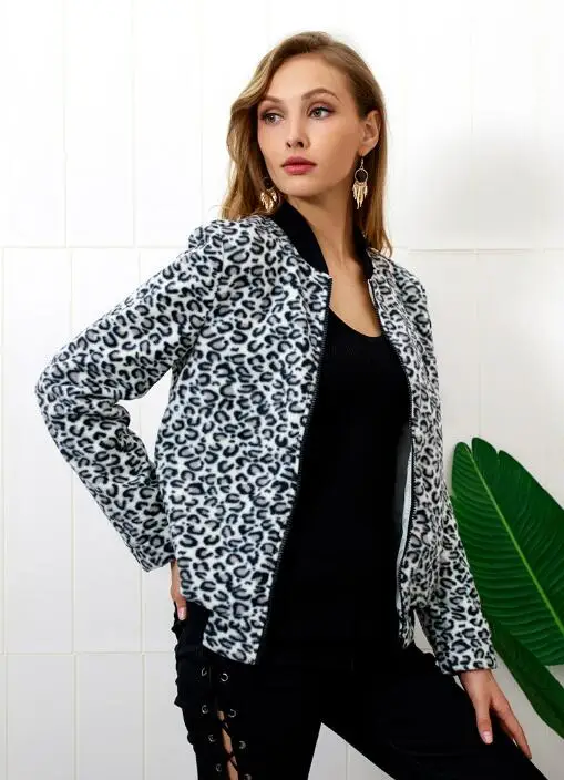 Casual baseball Sweatshirt Bomber Coat Women's Contrast Leopard Print Jacket Zip Long Sleeve Jacket