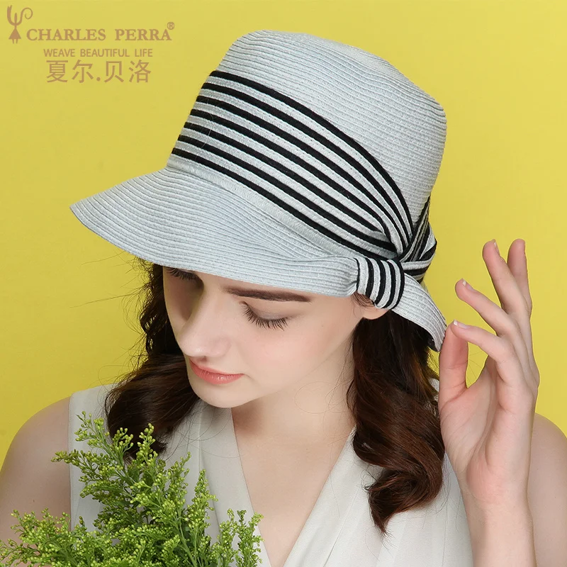 تشارلز perra الشمس القبعات النسائية الصيف جديد طوي الشمس مخطط القش الشاطئ سيدة قبعات قبعة الأزياء الأنيقة 6535