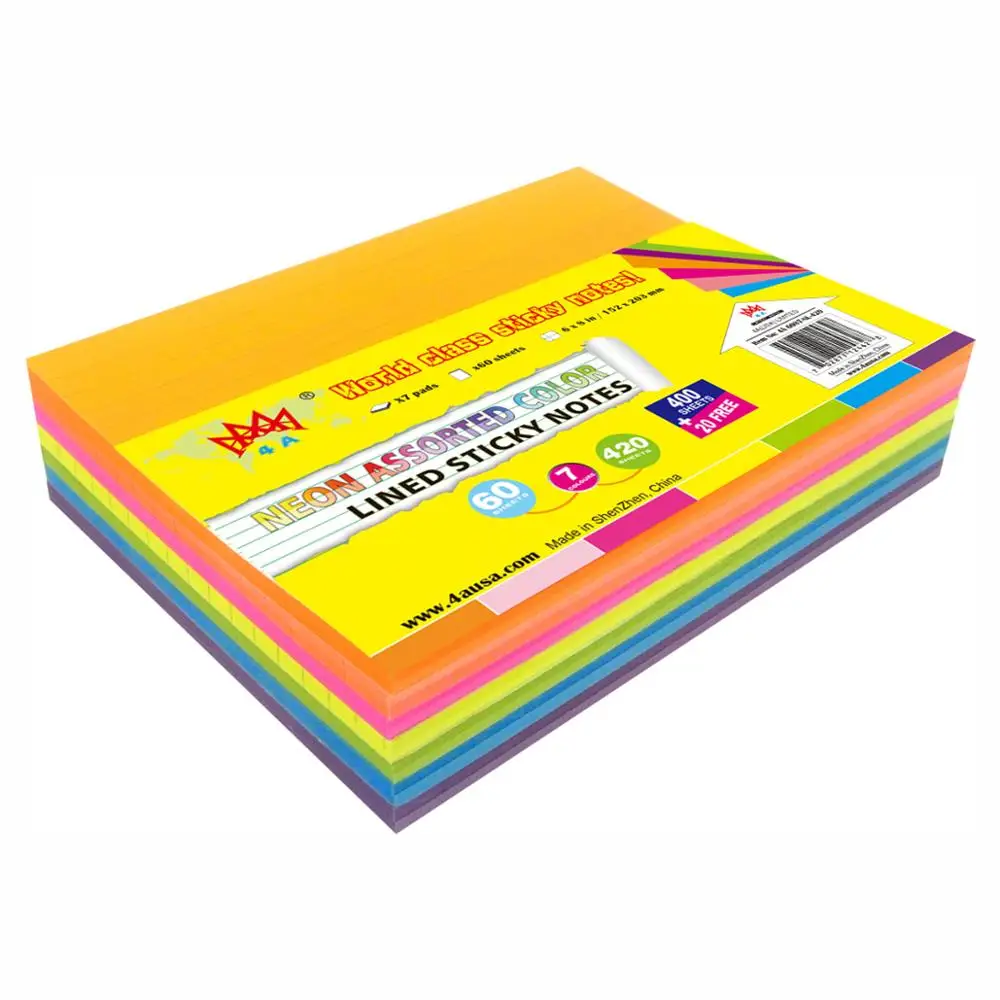 

4A Sticky Notes,6 x 8 Inches,Large Size,7 Colors,Lined,Self-Stick Notes,60 Sheets/Pad,7 Pads/Pack,4A 6087-NL-420