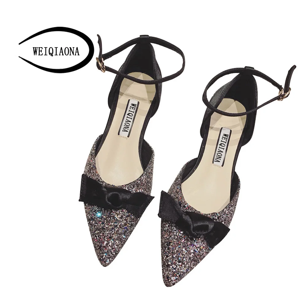 

WEIQIAONA 2018 New Vintage Fashion Women Brand Design Sweet princess Bling Bow Low Heels Dress Shoes Pointed Toe Party shoes