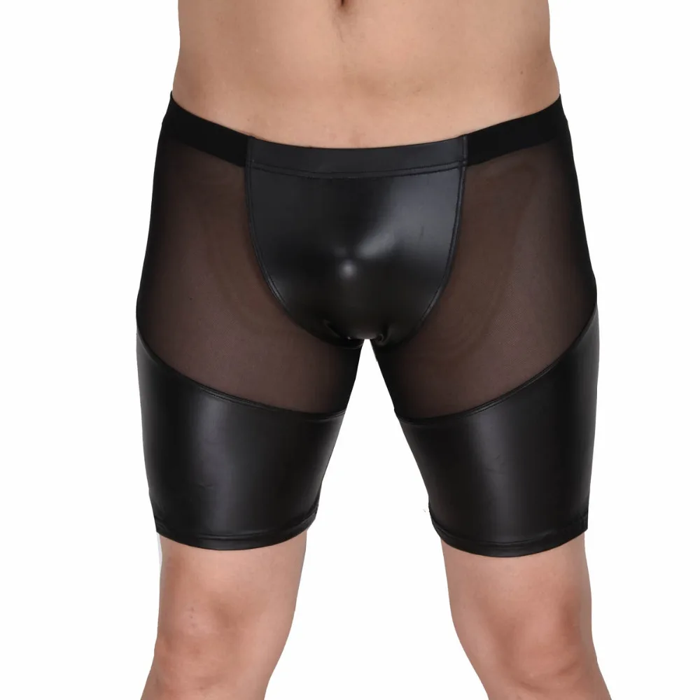 

New Arrival Fashion Leather Patchwork Sexy Mesh Semi See-Through Style Charming Men's Casual Short Pants Loungewear Undershirts