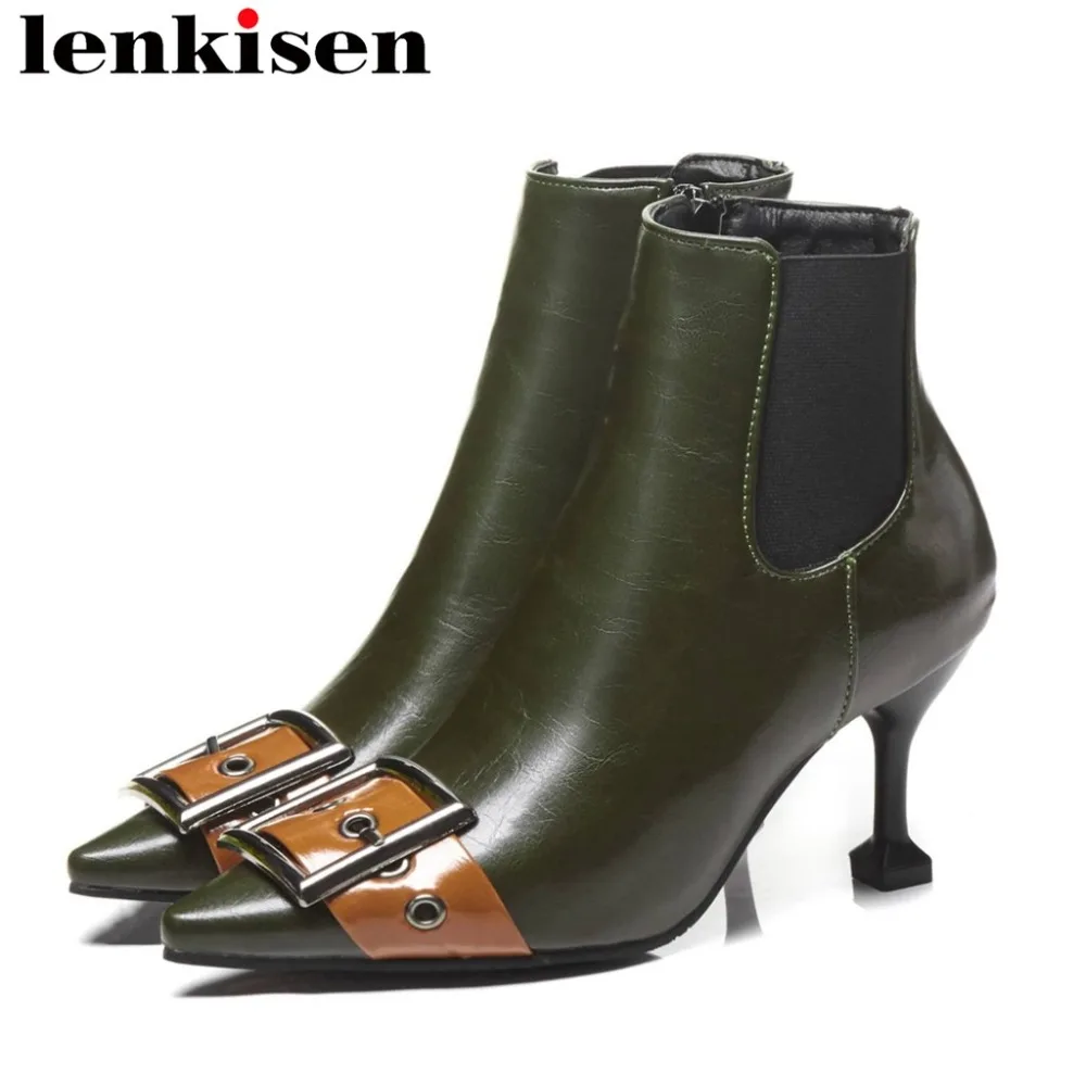 

Lenkisen 2018 fashion runway oxford pointed toe high thin heels slip on high quality buckle belt plus size chelsea boots L10