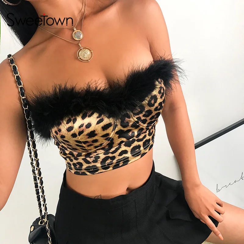 

Sweetown Feathers Patchwork Leopard Print Off Shoulder Sexy Bustier Boob Tube Bandeau Top Back Single-Breasted Bralette Crop Top