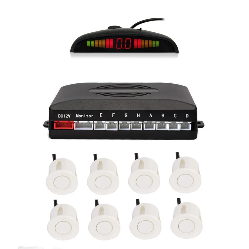 

Car Reverse Parking Radar System with 8 Parking Sensors Distance Detection + LED Distance Display + Sound Warning (White Color)