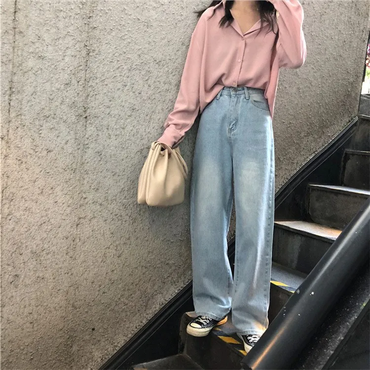 

Korean Style High Waist Wide Leg Denim Pants Autumn Winter Casual Jeans Pants Loose Full Length Women Trousers