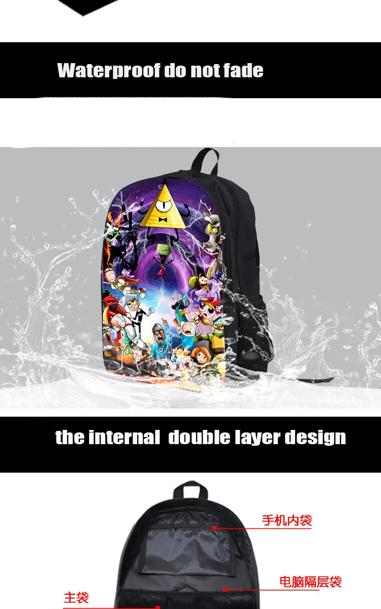 16-дюймовый шпилька Популярные школьная сумка рюкзак с мультяшным принтом для школьников мальчиков Гравити Фолз школьная сумка для девочек сумки для подростков
