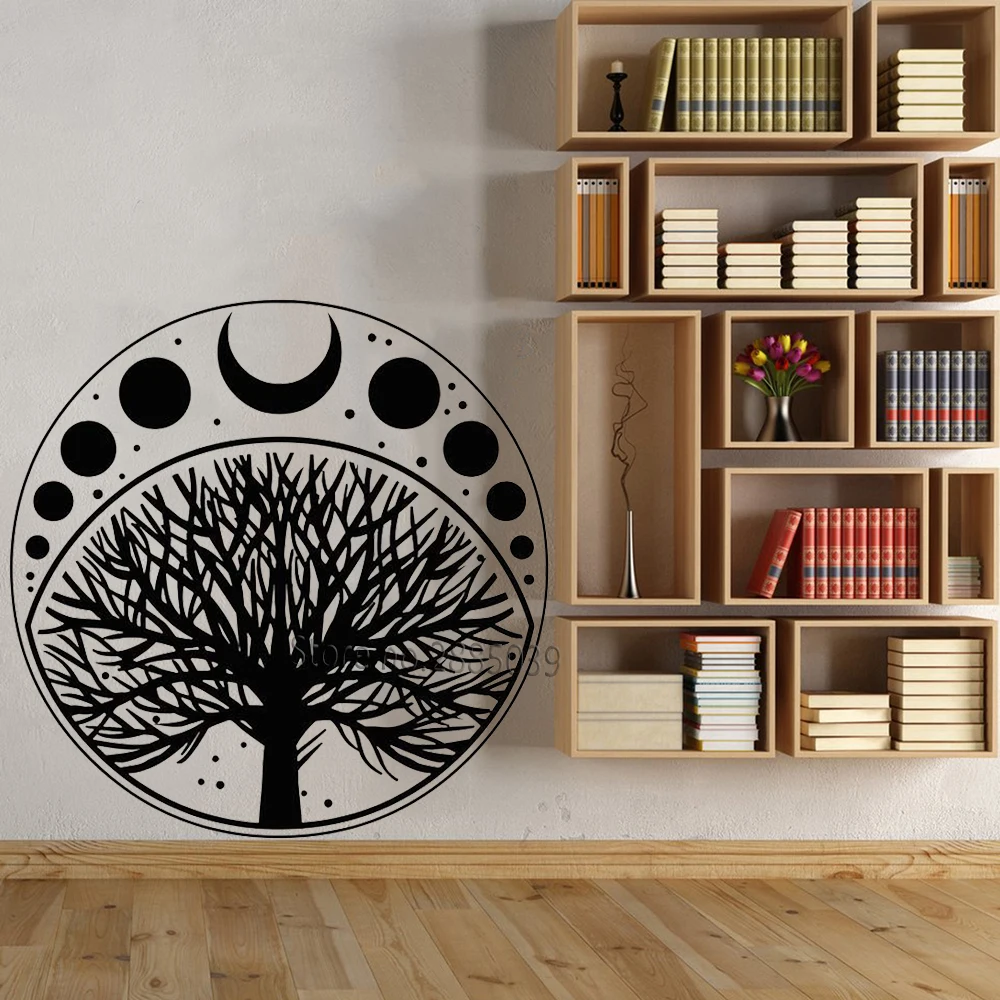Виниловая наклейка на стену с изображением Луны фаз цикла Древа Жизни, домашний декор, обои для спальни, украшение на стену, съемный LC1018