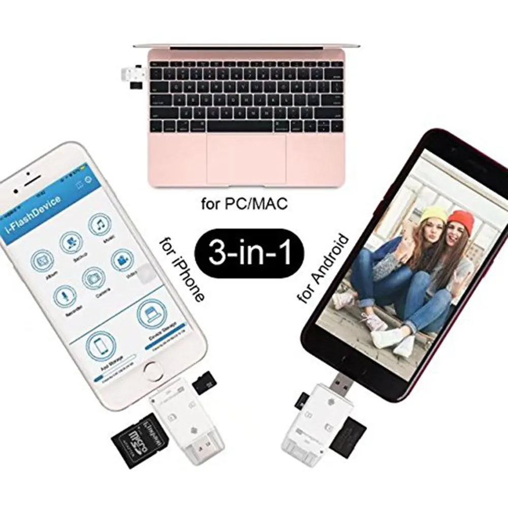 Кардридер 3 в 1 USB/Micro USB/освещение мини-считыватель карт SD/TF/Micro SD смарт-устройство чтения карт памяти для iPhone IOS Android