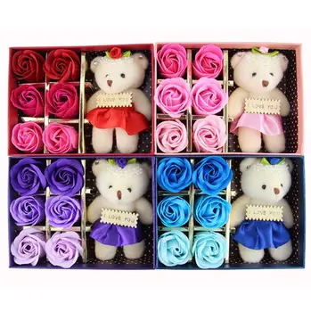 

Romantic Rose Soap Flower With Little Cute Bear Doll 6pcs Box Gift For Valentine Day Gifts Wedding Gift or birthday Gifts SN1065
