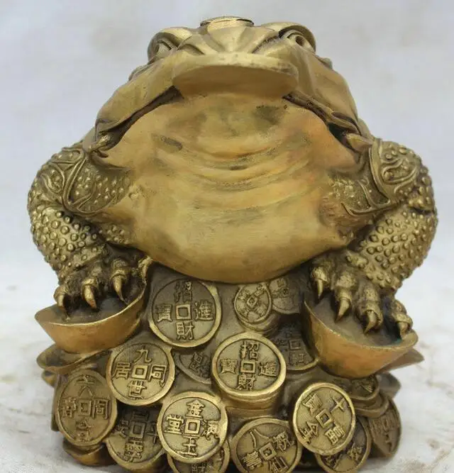 

free 12" Chinese Folk Feng Shui Brass Wealth Golden Toad Spittor Statue Sculpture fast