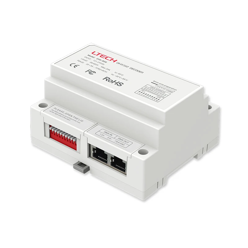 

New LTECH DIN Rail DMX decoder DIN-808;8CH CV DMX Decoder;DC12V input;3A*8CH output 8 Channel DMX512 LED RGBW Strip CV Decoder