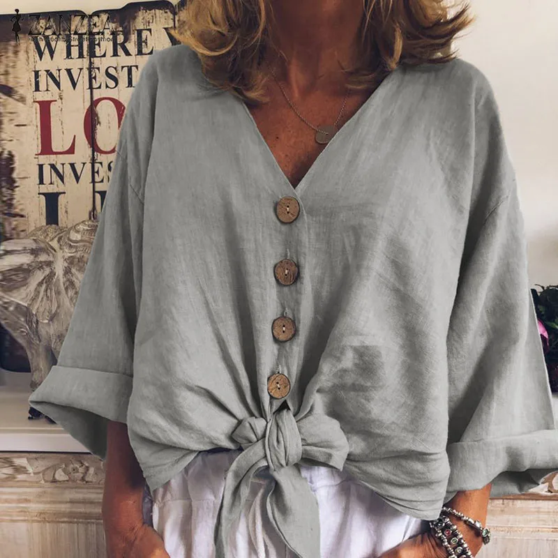 

ZANZEA Women Blouse Summer Bohemian V Neck Long Sleeve Shirt Casual Solid Cotton Linen Blusas Femme Buttons Bow Tie Tops Mujer