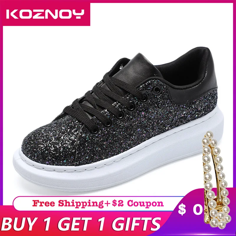 

Koznoy Sneakers Women Spring Korean Version Dropshipping Shiny Low Lace Up Leisure Fashion Muffin Bottom Breathable Women Shoes