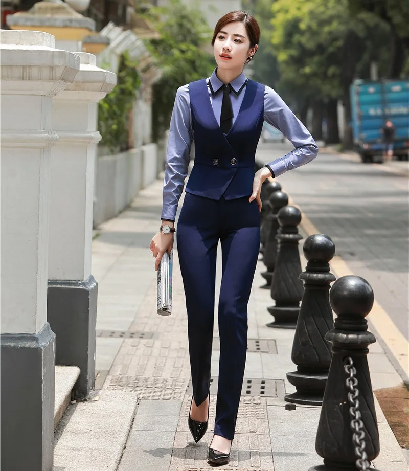 

Formal Women Business Suits with Pant and Top Sets Ladies Vest & Waistcoat Navy Blue Office Uniform Designs Styles