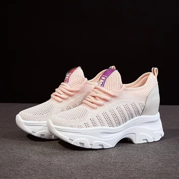 

CAMTOO Fashion Bottom Increased 5.5cm Women Casual Shoes Summer Wedge Sneakers Dropshipping Luxury Cloth White Pink Shoes Female