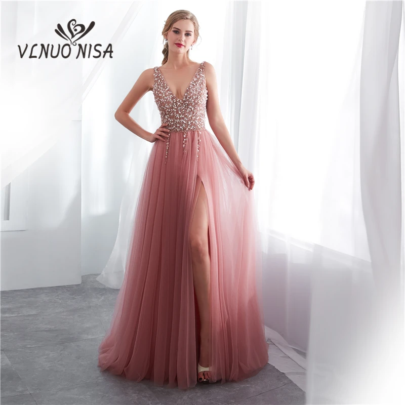 

VLNUO NISA Sexy V-Neck Pink Formal Evening Dress Open Fork Backless Beading Sequin Spaghetti Strap Floor-Length Prom Gown