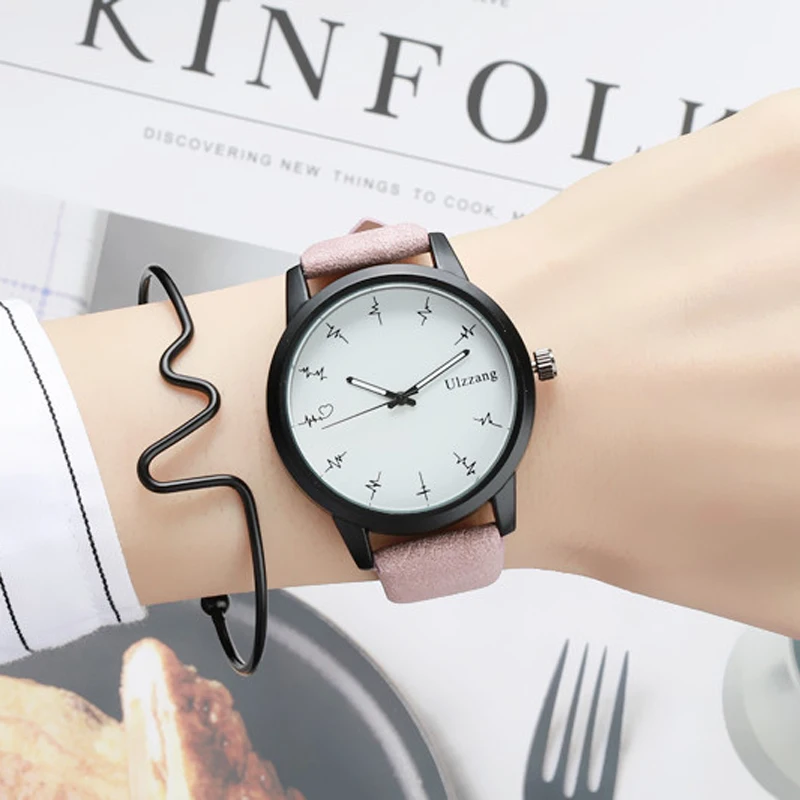 2018 Hot Fashion Contracted Quartz Watch Simple Exquisite Ladies Clock Creative Heartbeat Vintage Leather Watch Couple Watch 