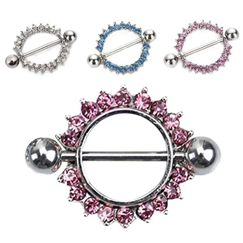 Rhinestone Surgical Steel Sunflower Paved Circle Nipple Shield Ring