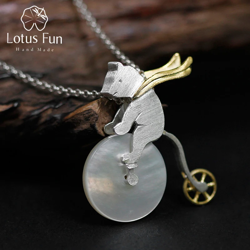 Lotus Fun Brand 925 Sterling Silver Pendant for Women Cute Bicycle Riding Bear Pendant without Chain Fine Jewelry Dropshipping