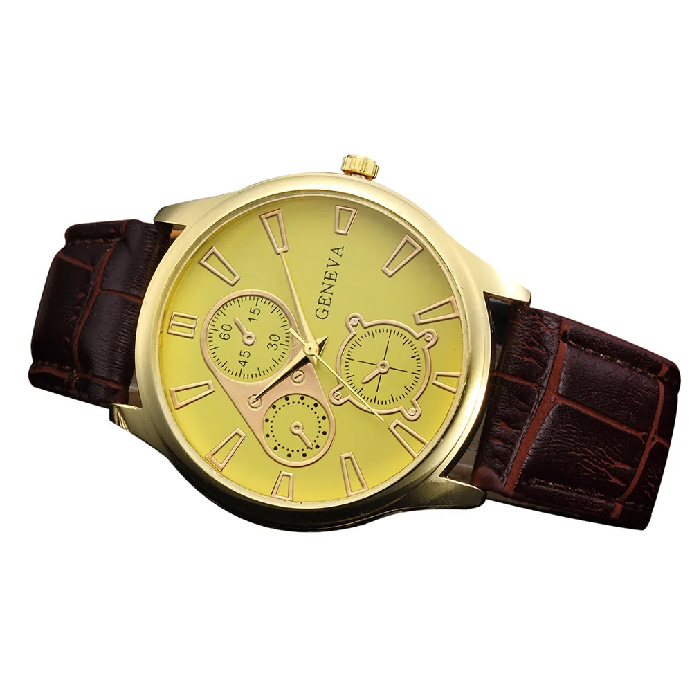 Золотые мужские часы, лучший бренд класса люкс, из искусственной кожи аналоговые кварцевые часы, 3 глаза, большой циферблат, мужские деловые часы, подарок