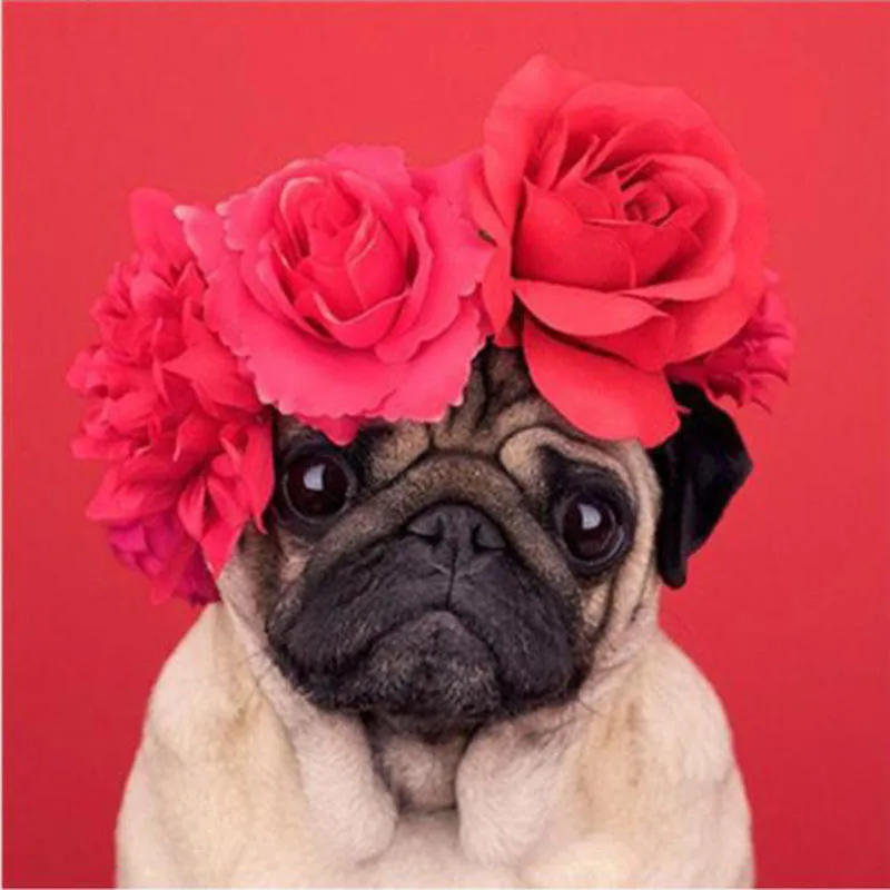 

5D Diy round Diamond Painting Pug Dogs Red Rose Flowers square Diamond Mosaic Cross Stitch Animal Embroidery Home Decor v739