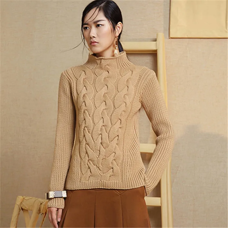  100%hand made pure wool knit women streetwear half high collar solid H-straight short pullover swea