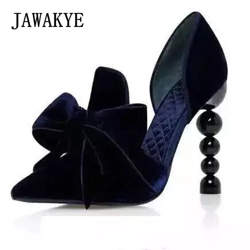 

Blue Velvet Pearl Heels Pumps Women Pointy Toe Bowknot Embellished High Heels Elegant Floral Printed Party Shoes Woman Plus Size