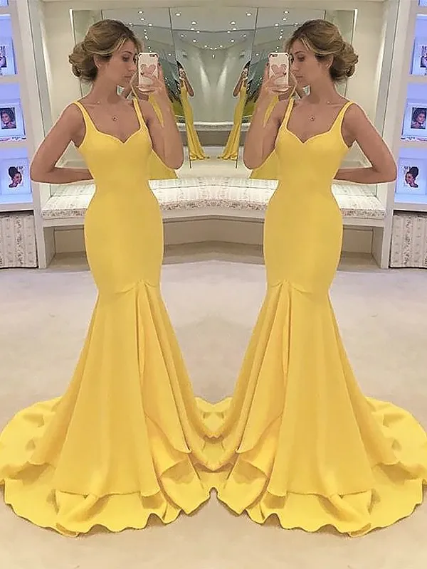 

Vestidos De Festa Yellow Mermaid Chiffon Sweetheart Neck Long Prom Dresses 2019 Tiered Sleeveless Floor Length Prom Dress HFY218