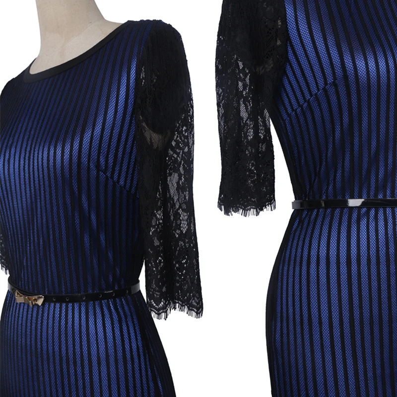 Kenancy 2XL 2018 Belted Sexy Striped Floral Lace Dress Women Party Half Sleeve Knee-Length Vestidos Contrast Color Recommend