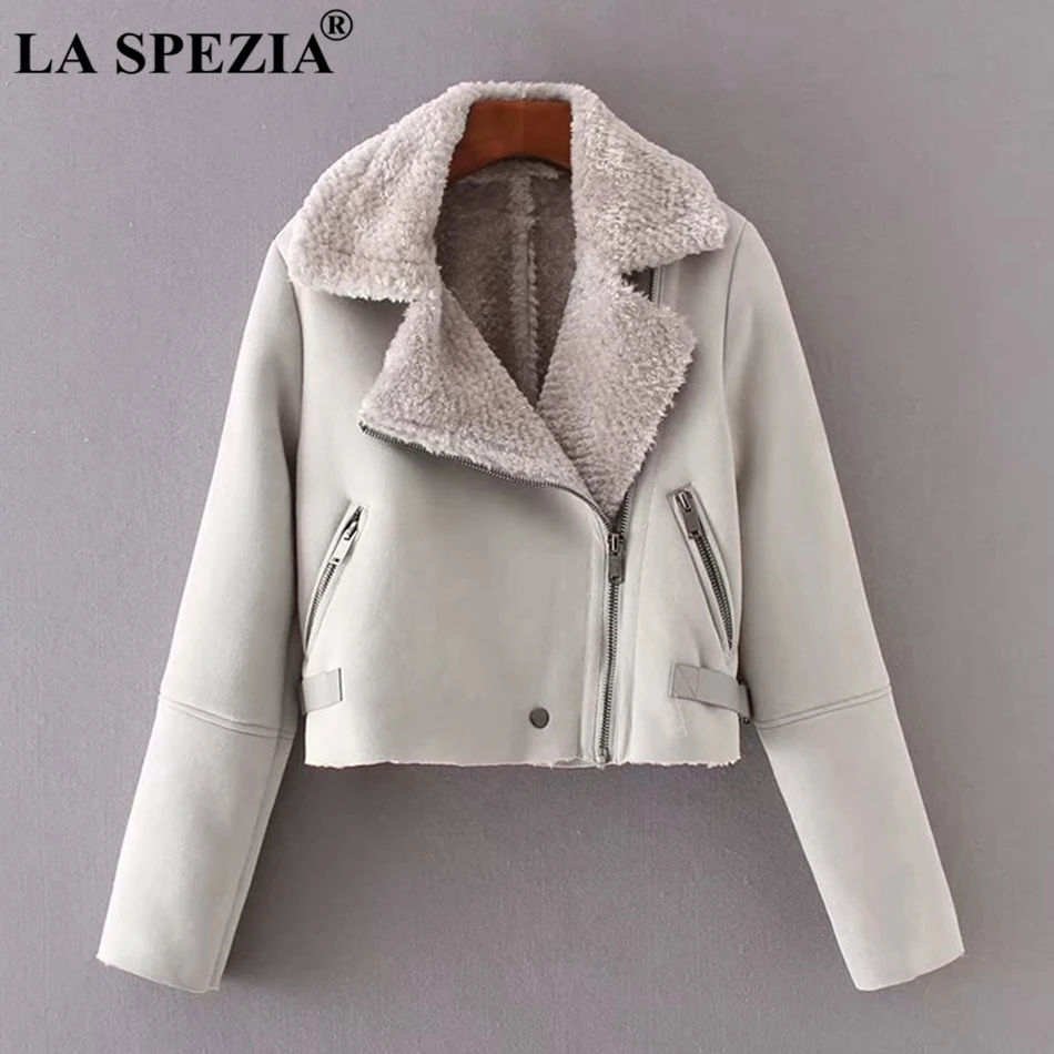 LA SPEZIA Suede Fur Coats Women Red Winter Jacket Thick Warm Female Zipper Pockets Loose Ladies Motorcycle Biker Short Jackets