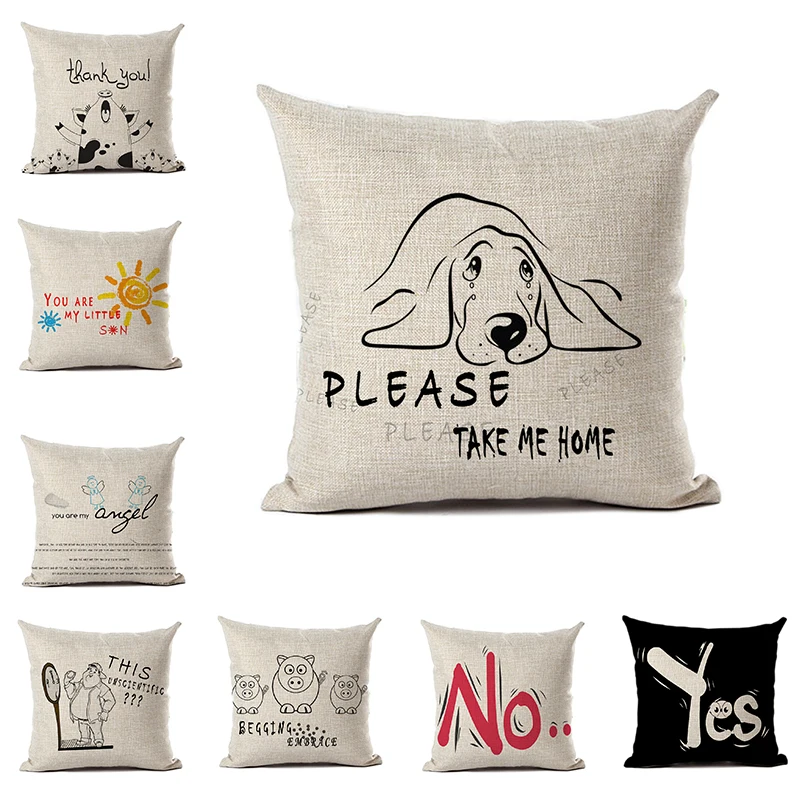 

Stylish Simple English Word Pillowcase Yes No Linen Cushion Cover Cute Expression Dog Pig 1pcs Hug Sofa Bedroom Decoration