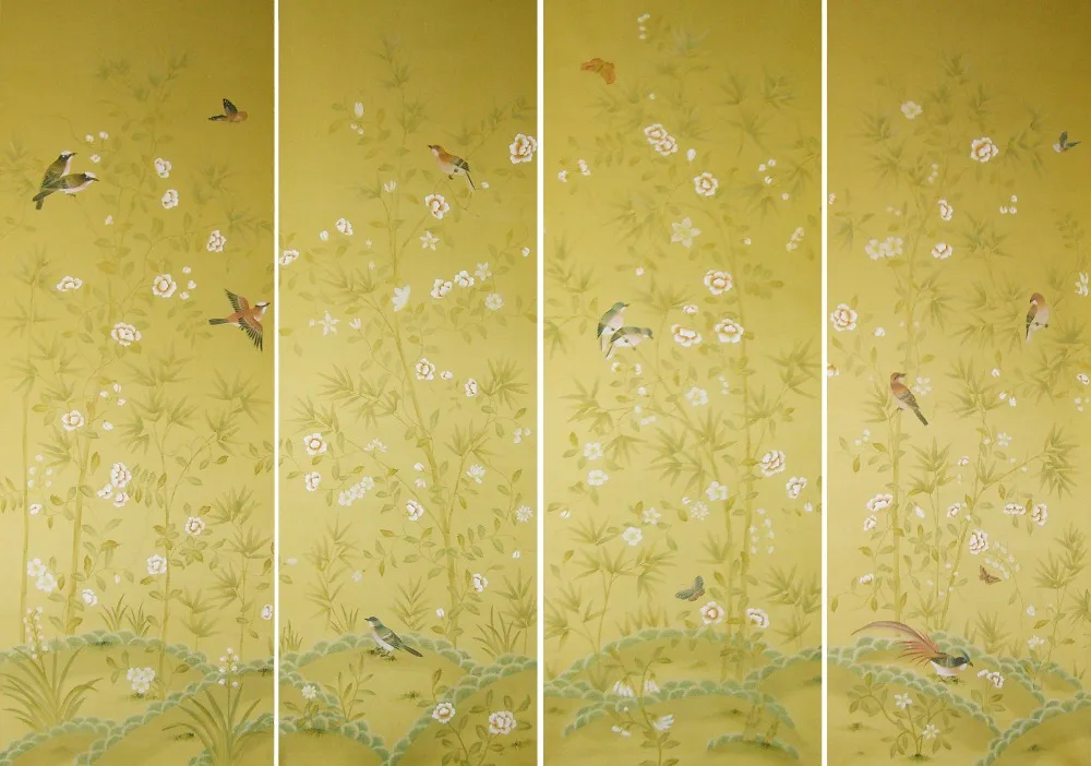 

Classic elegant Hand-painted silk wallpaper Customized painting flowers with birds and fence many patterns / background optional