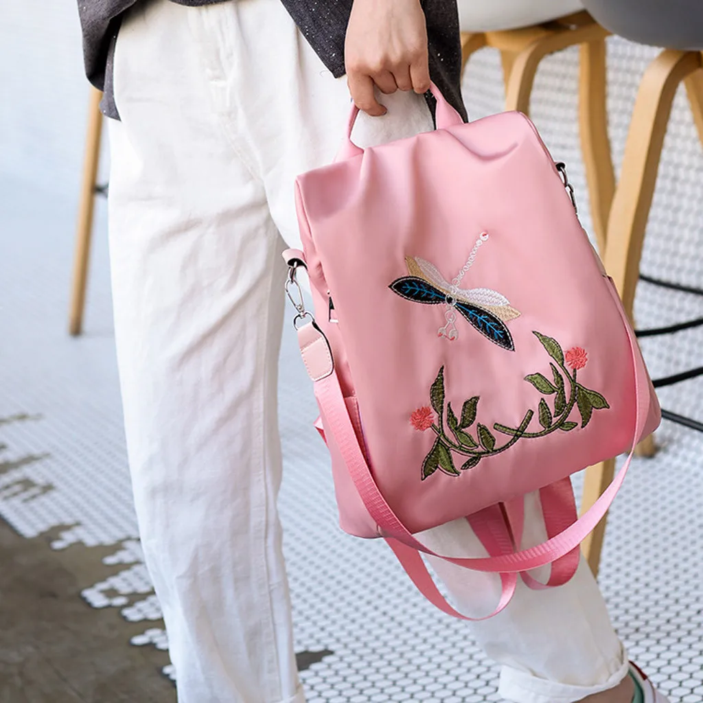Водонепроницаемый нейлоновый женский рюкзак на молнии школьные рюкзаки для девочек Стрекоза Цветок рюкзак с вышивкой женский рюкзак# G3