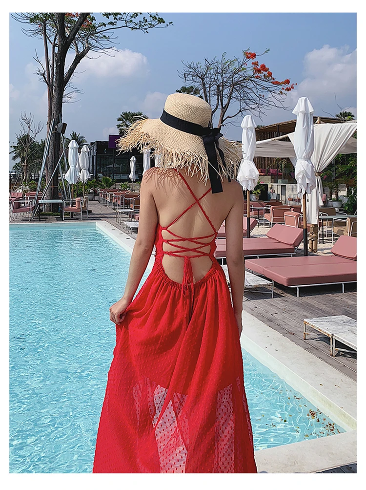 Женское макси красное платье с открытой спиной на бретелях сексуальное Элегантное летнее повседневное Тропическое длинное пляжное платье винтажное корейское подиумное платье Vestido