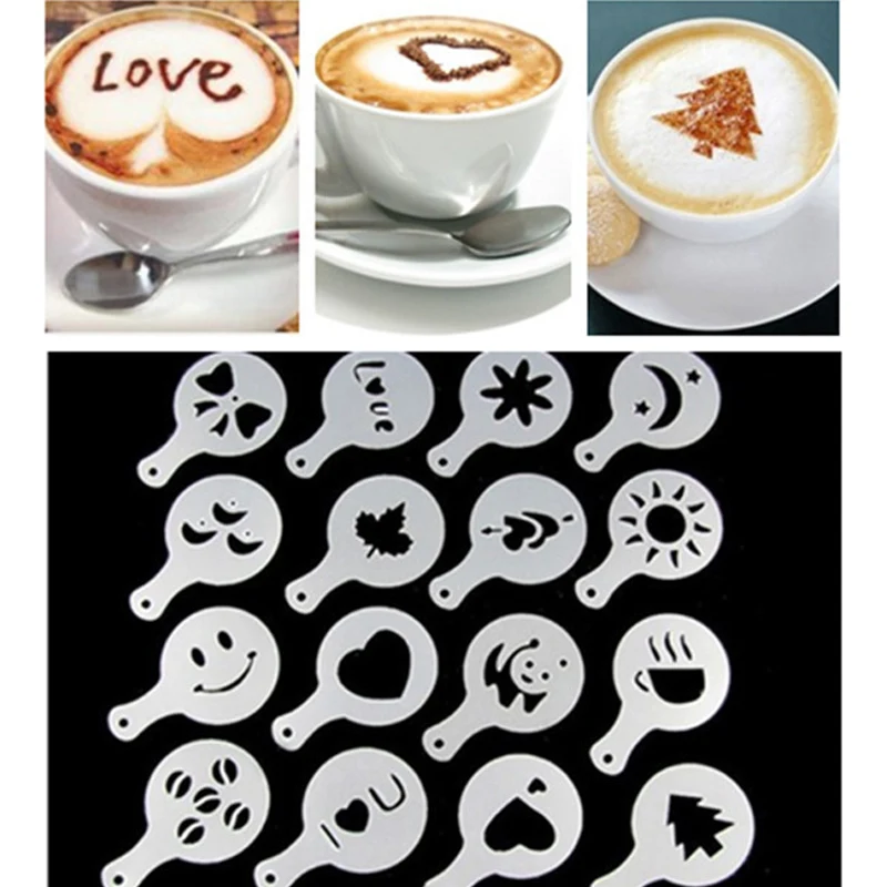 

16PCS/set Plastic Cafe Foam Spray Template Barista Stencils Decoration Tool Garland Mold Fancy Coffee Printing Flower Model