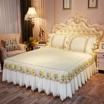 

Light Pink Yellow Princess style Elegant Bed Skirt Flowers Embroidery Lace BedSkirt with Elastic Quilted Thick Bedspread set