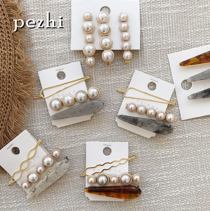 

Combination Set Baitao ins Girl Pearl Hair Clip One-word Clip women Retro-vintage Sweet Metal Acetate Liuhai Hair Clip