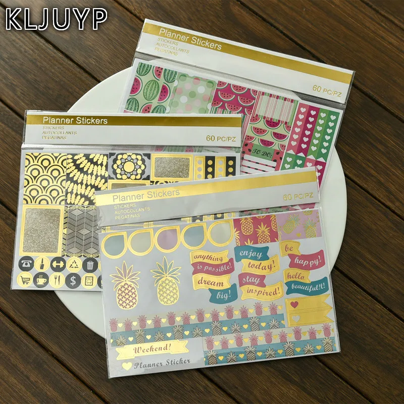 

KLJUYP 3 styles Summer Foil Gold Vintage Planner Stickers Set for Scrapbooking Happy Planner/Card Making/Journaling Project