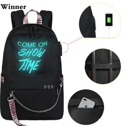 Рюкзак для ноутбука Для женщин школьная сумка Мода Письмо световой Для мужчин USB Back Pack для подростков мальчиков и девочек путешествия Backpage