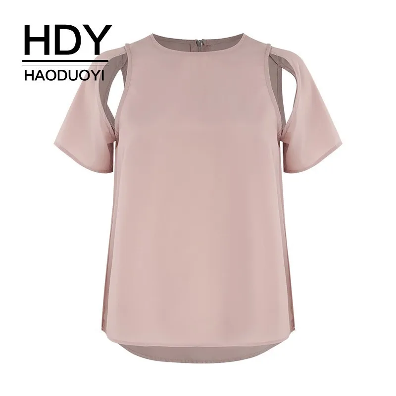 

HDY Haoduoyi Femme Summer Tees Stylish Simple Casual Tops O-Neck Short Split Sleeves Asymmetric Characteristic T-shirt