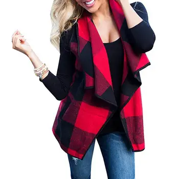 

Women Plaid Print Waistcoat Irregular Draped Open Front Sleeveless Vest Coat new