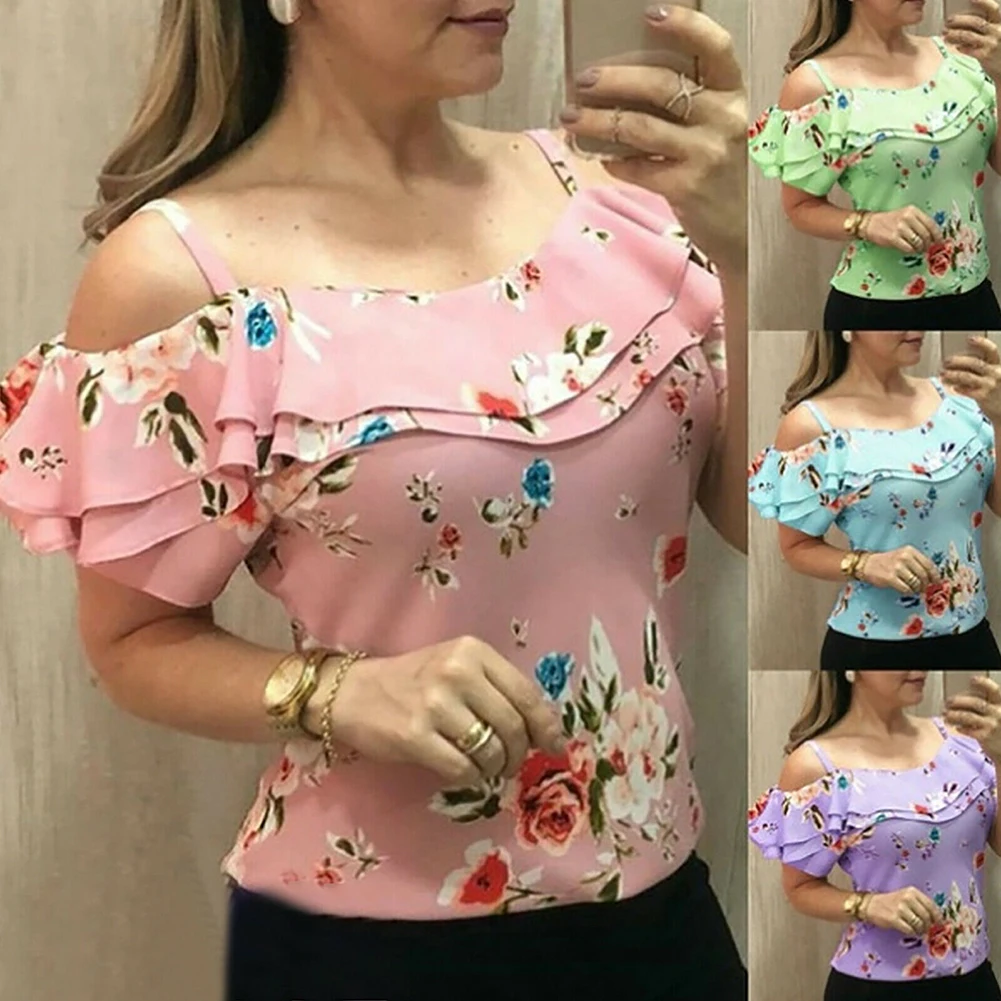 

Women's Floral Print Off-Shoulder Ruffles T-shirt Tops Summer Vintage Beach Spaghetti Strap Short Sleeve Plus Size S-5XL Shirts