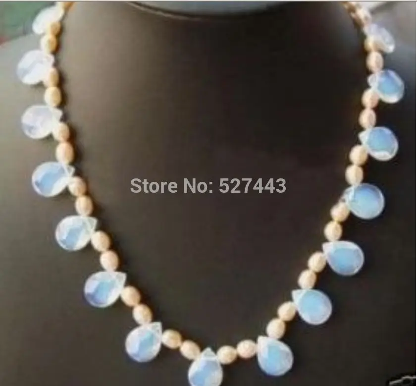 

Wholesale p&p Pink Rice Pearl White Drop-Shaped Opal Necklace 17.5