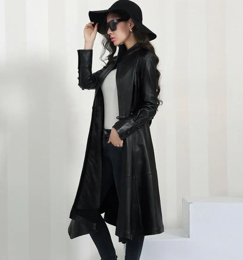 Новинка, модное женское пальто из искусственной кожи, высококачественное пальто из искусственной кожи с длинным поясом, тонкое пальто из искусственной кожи s1397