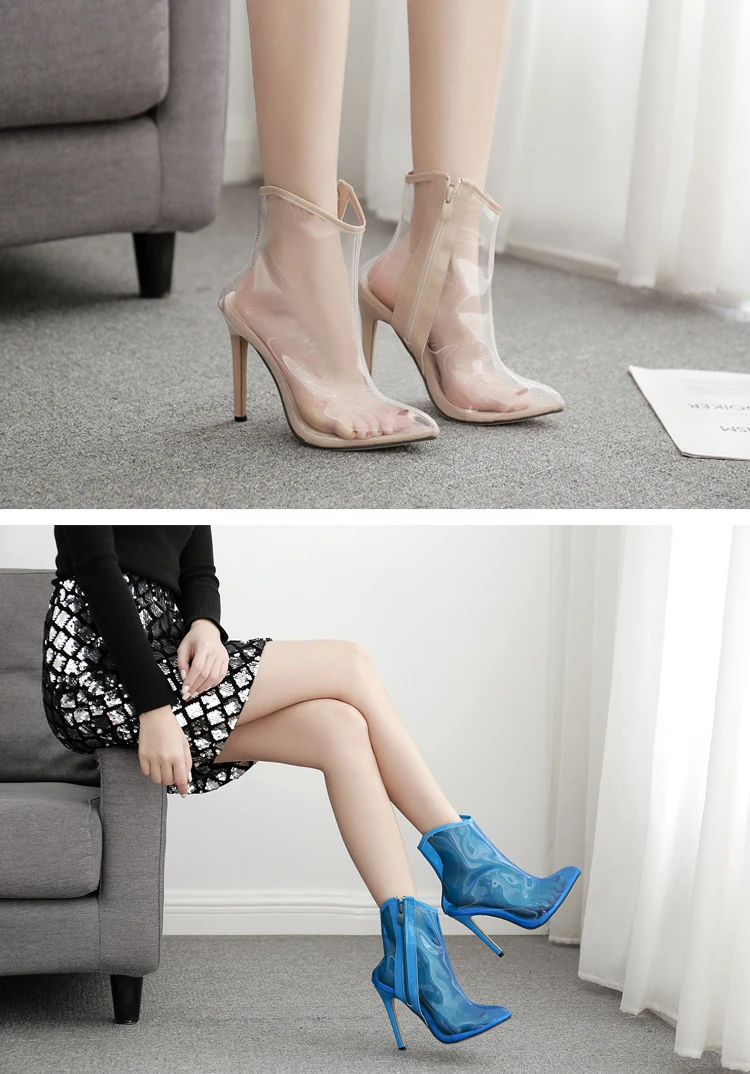 Eilyken/Новинка; цвет синий, абрикосовый; женские ПВХ ботильоны; женская обувь на очень высоком каблуке; пикантные Прозрачные ботинки; острый носок; ручная работа
